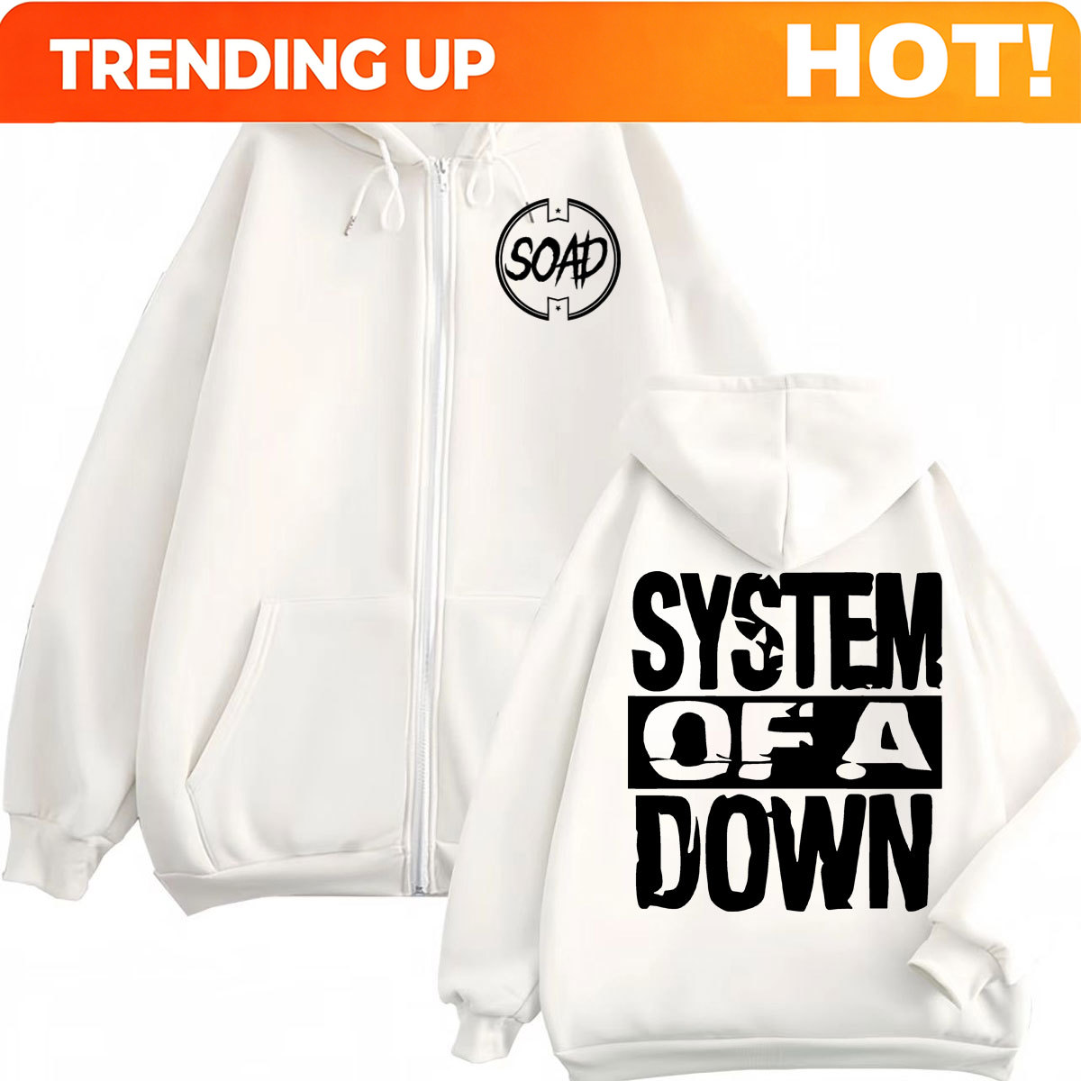 Mens Fashion Zip Up Hoodies - Hoodie Zipper Print Band Rock System